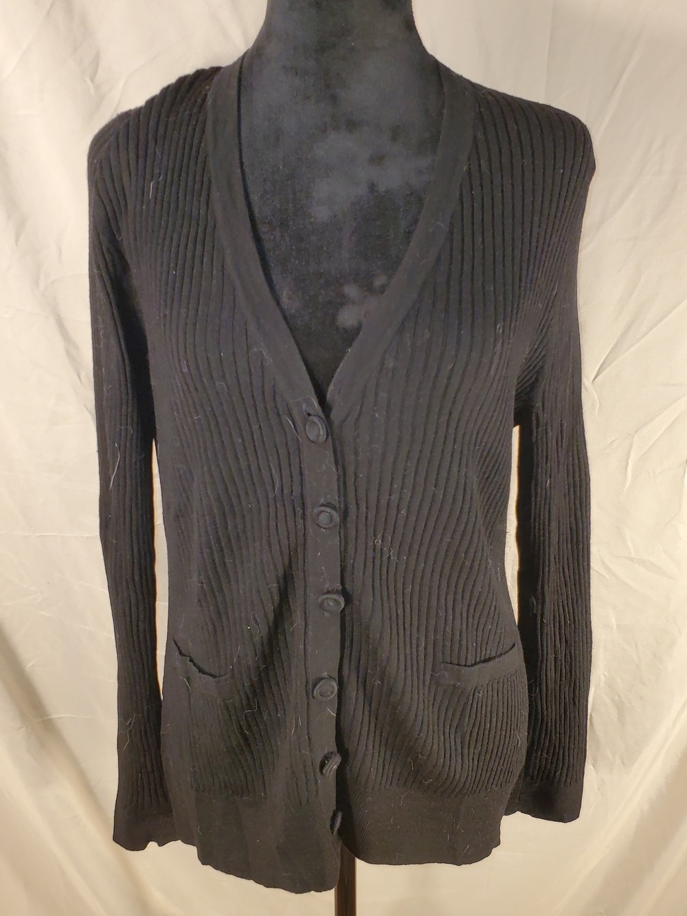 LOFT Black Ribbed V-Neck Button-Front Cardigan - XL